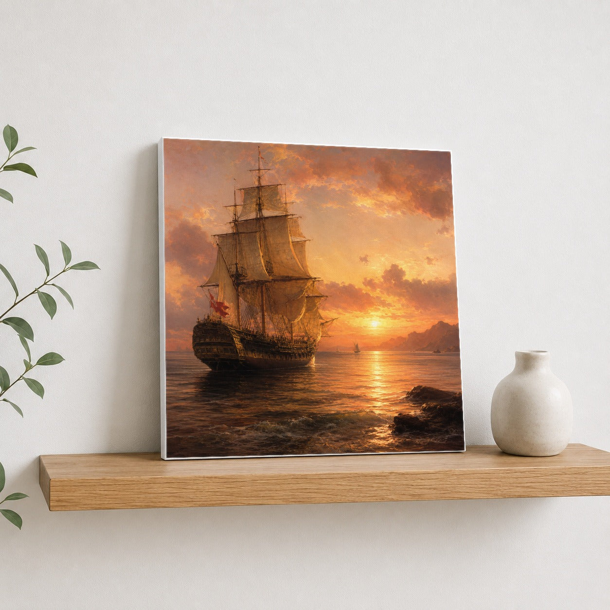 #pl[17x17 Inch|Multicolor] Tall Ship Sunset Square Canvas Wall Art, Vintage Sailing Seascape