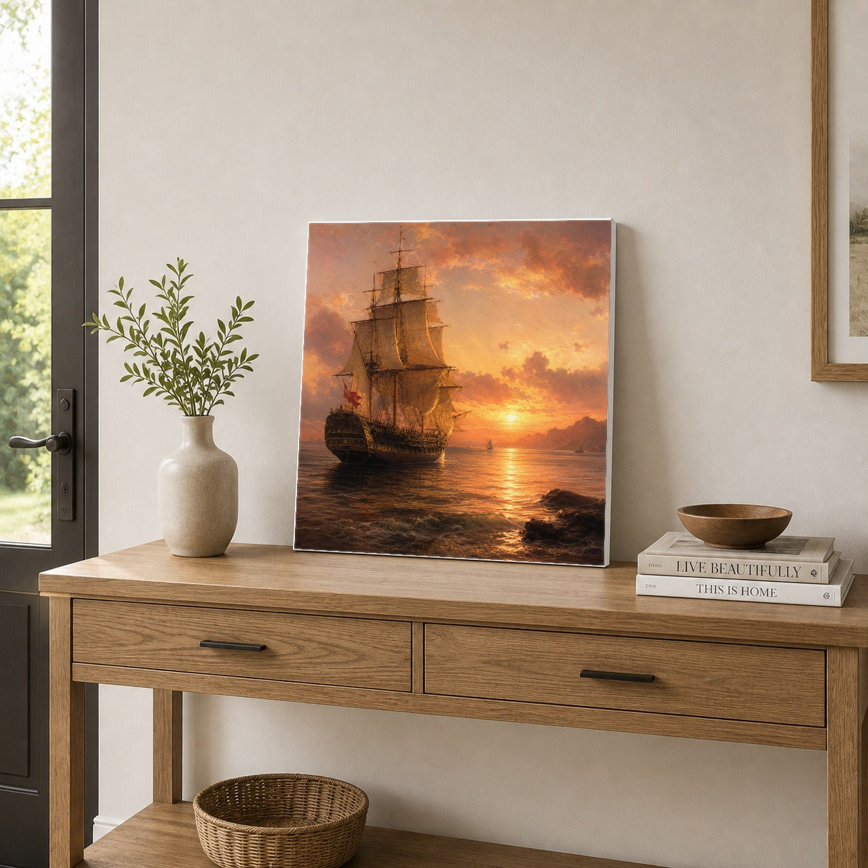 #pl[17x17 Inch|Multicolor] Tall Ship Sunset Square Canvas Wall Art, Vintage Sailing Seascape