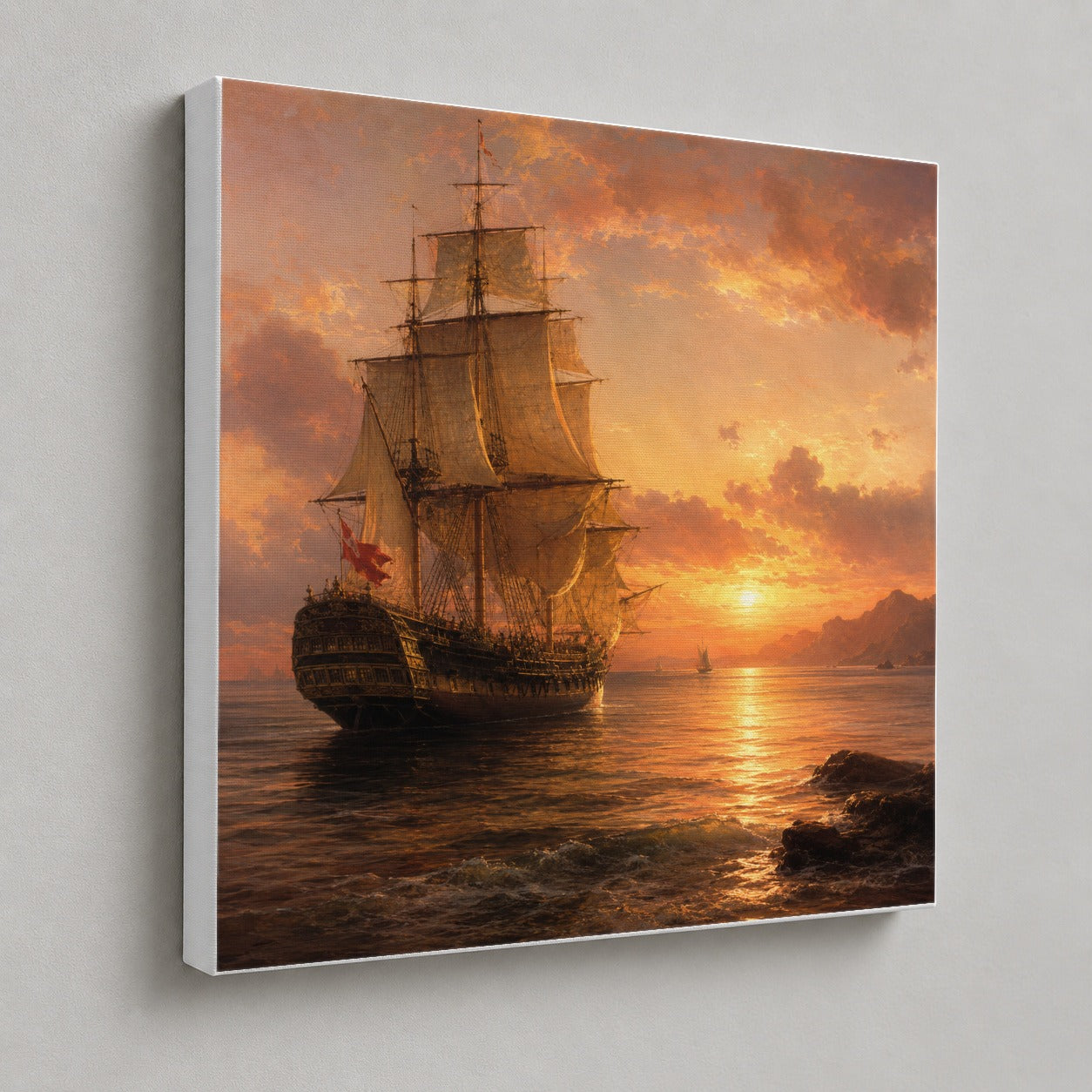 #pl[17x17 Inch|Multicolor] Tall Ship Sunset Square Canvas Wall Art, Vintage Sailing Seascape