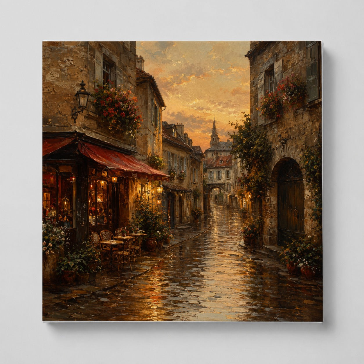Rainy Old Town Square Canvas Wall Art, Cozy European Cafe Street