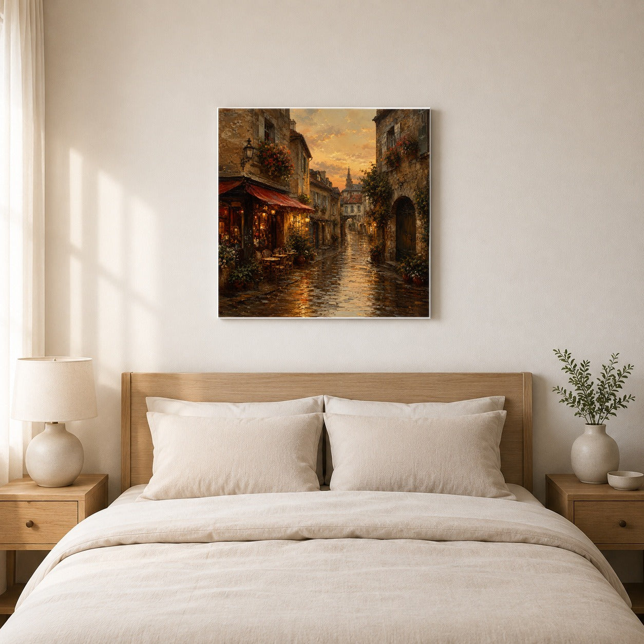 #pl[17x17 Inch|Multicolor] Rainy Old Town Square Canvas Wall Art, Cozy European Cafe Street
