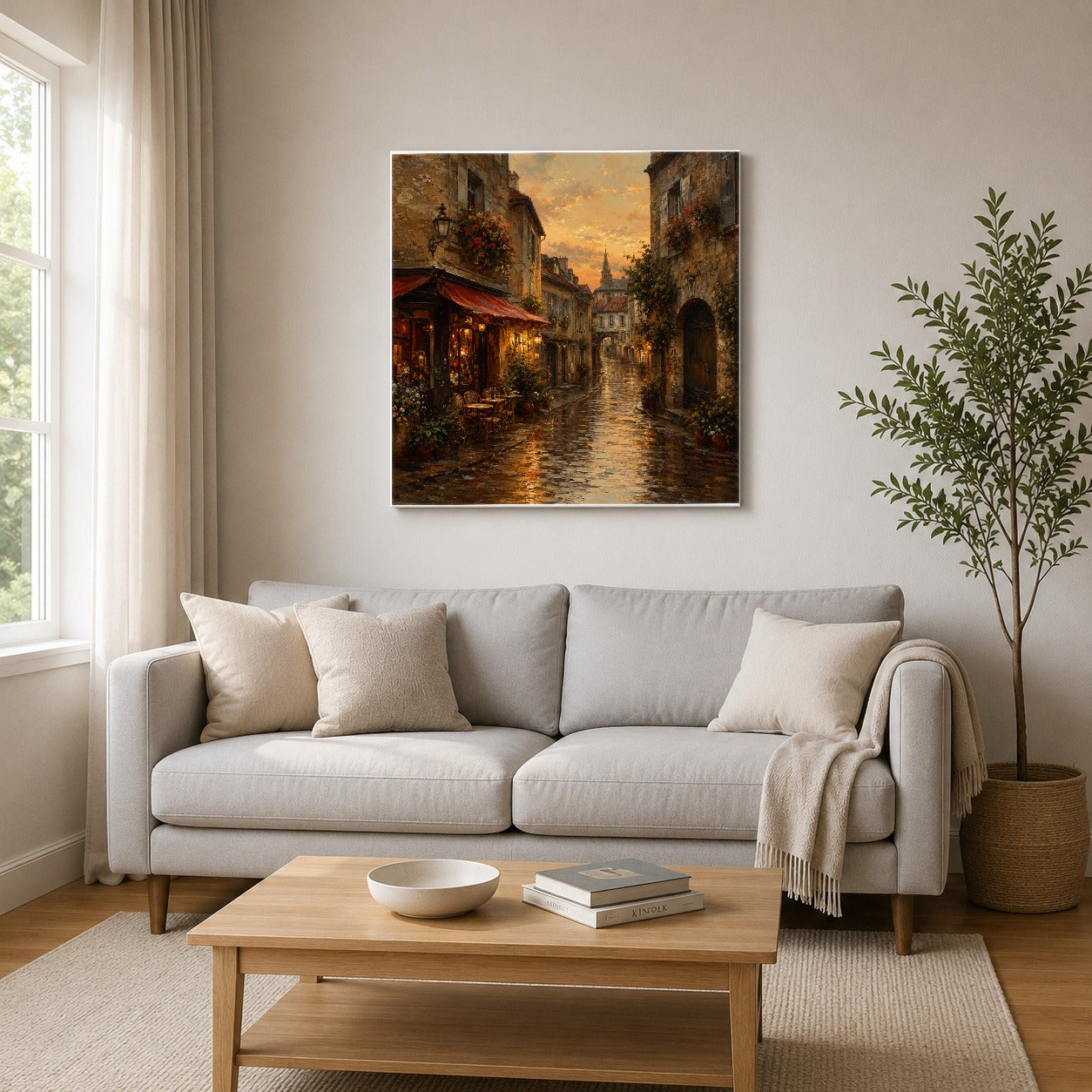 #pl[17x17 Inch|Multicolor] Rainy Old Town Square Canvas Wall Art, Cozy European Cafe Street