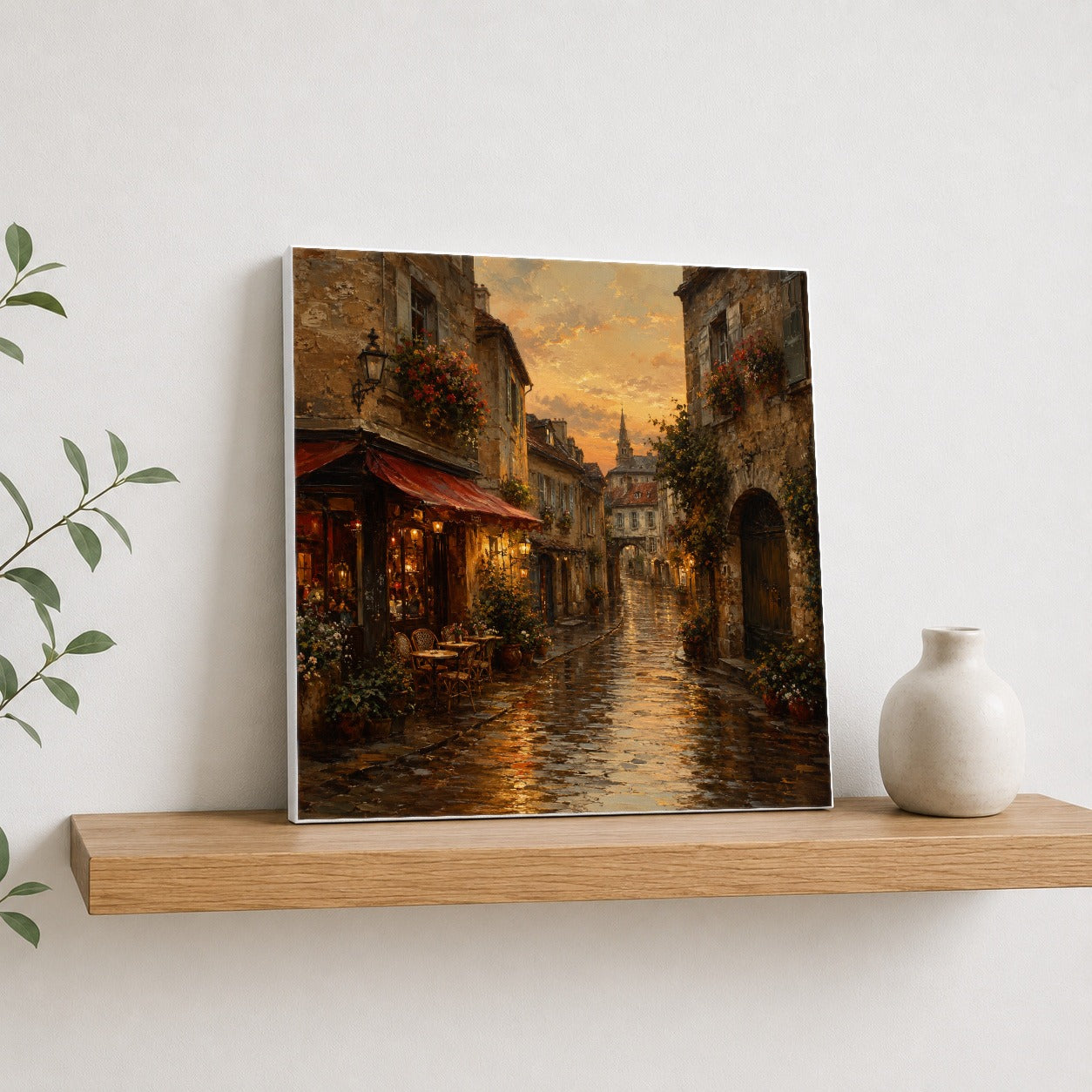 #pl[17x17 Inch|Multicolor] Rainy Old Town Square Canvas Wall Art, Cozy European Cafe Street