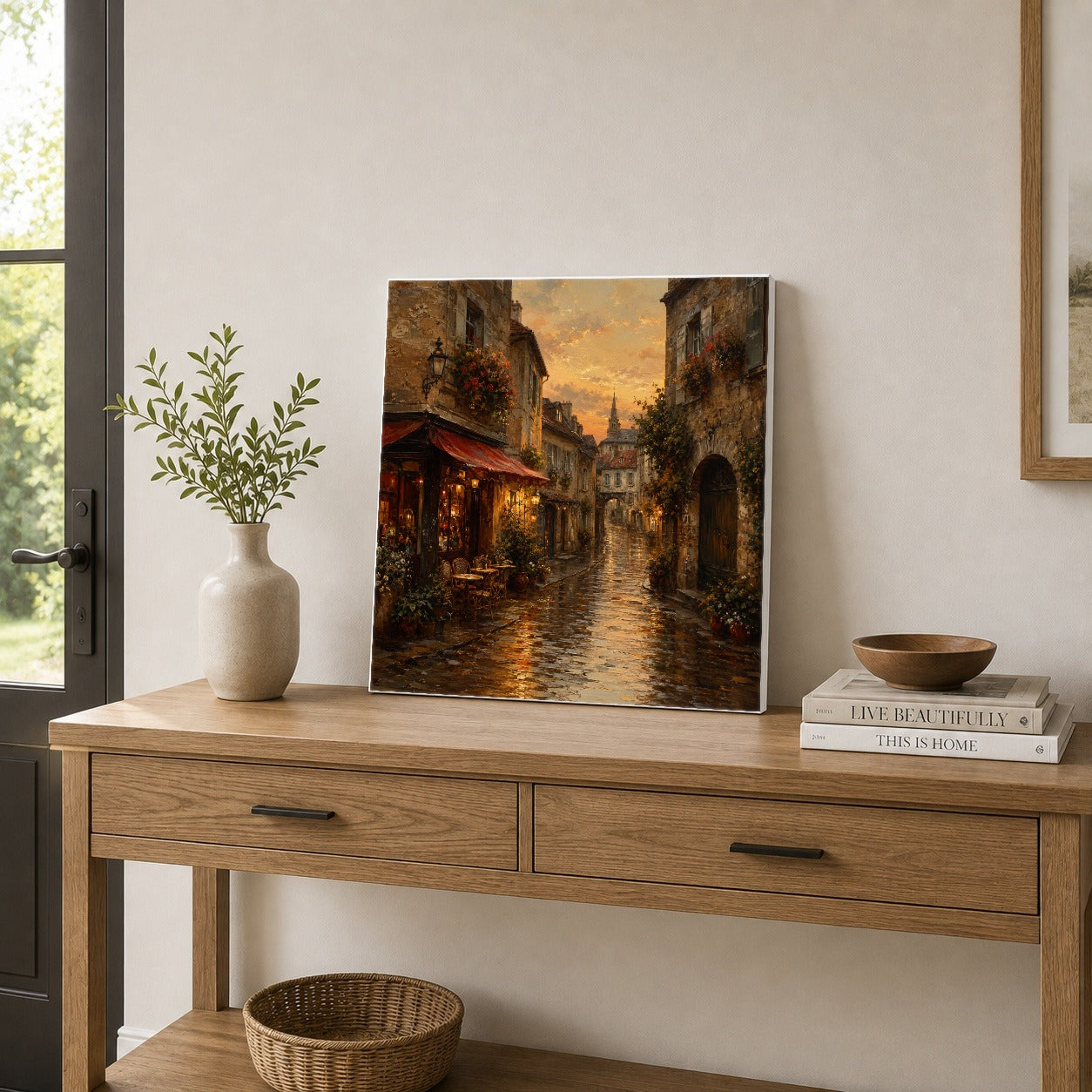 #pl[17x17 Inch|Multicolor] Rainy Old Town Square Canvas Wall Art, Cozy European Cafe Street