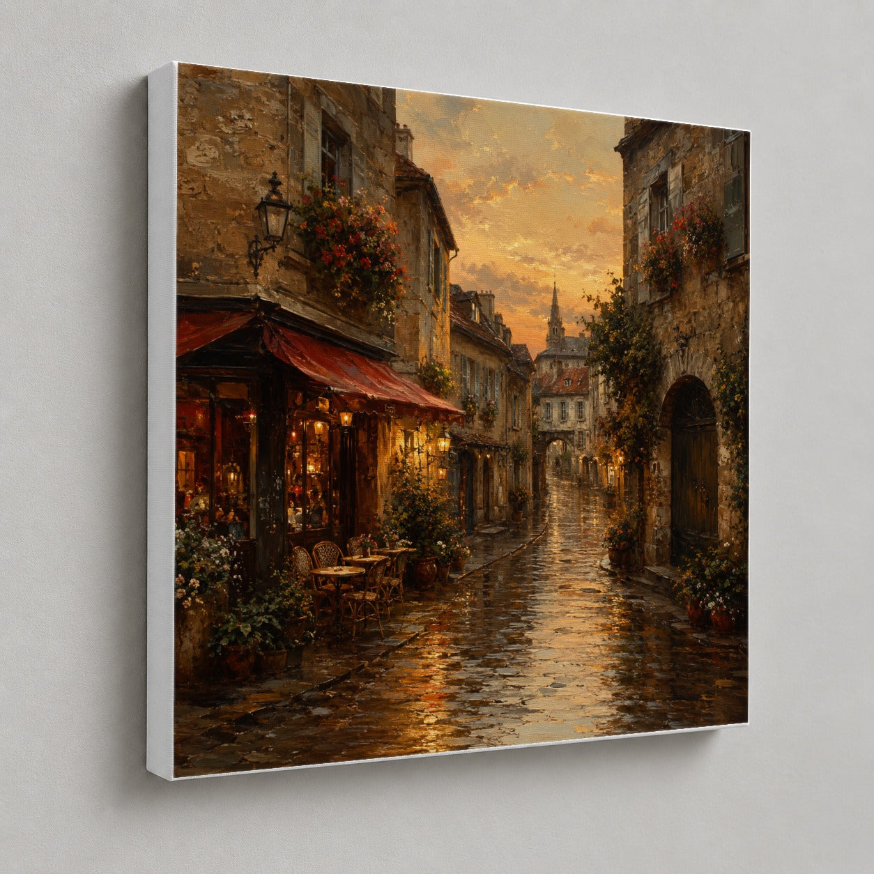 #pl[17x17 Inch|Multicolor] Rainy Old Town Square Canvas Wall Art, Cozy European Cafe Street