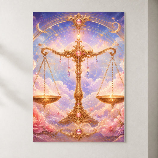 Libra Zodiac Poster, Celestial Floral Balance Scales Wall Art Print