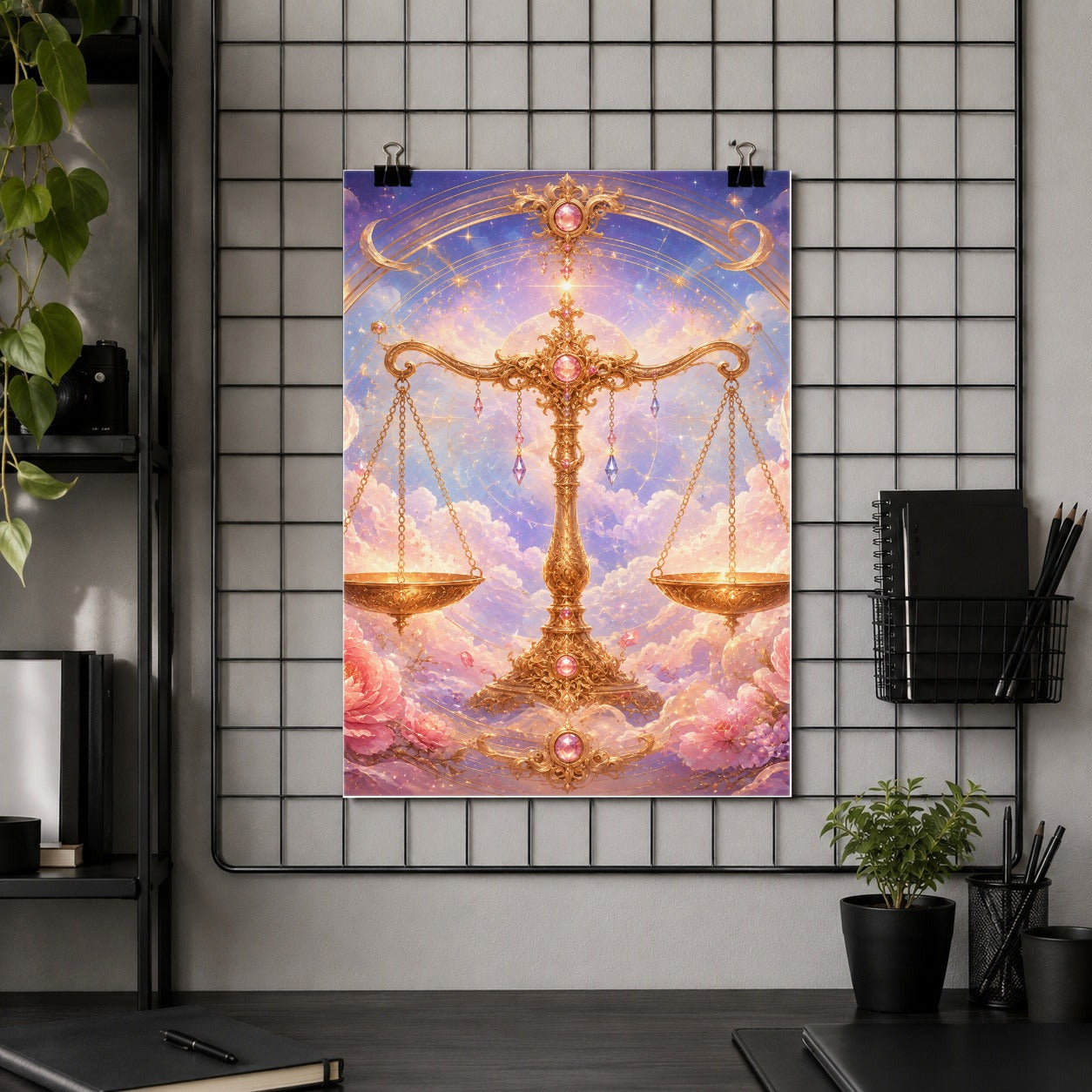 #pl[8x10 Inch|Multicolor] Libra Zodiac Poster, Celestial Floral Balance Scales Wall Art Print