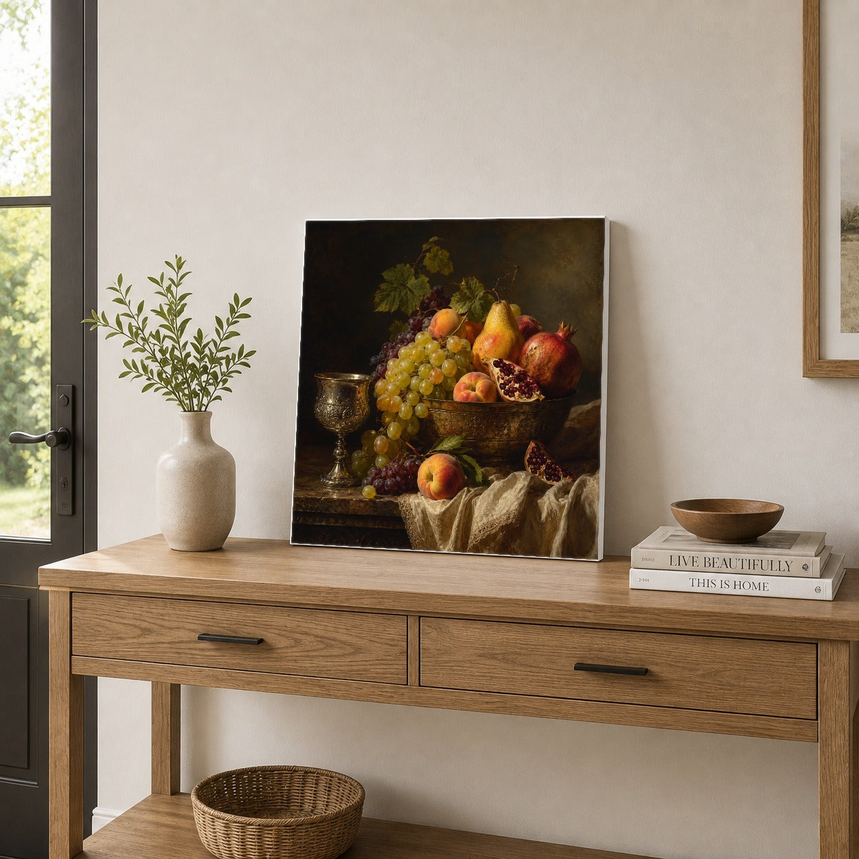 #pl[17x17 Inch|Multicolor] Fruit Still Life Square Canvas Wall Art, Vintage Harvest Arrangement