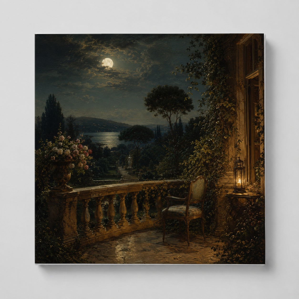 Moonlit Terrace Square Canvas Wall Art, Romantic Garden Lake View