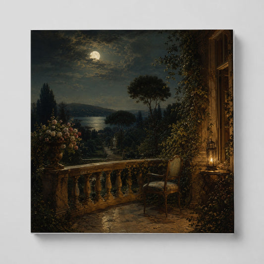 Moonlit Terrace Square Canvas Wall Art, Romantic Garden Lake View