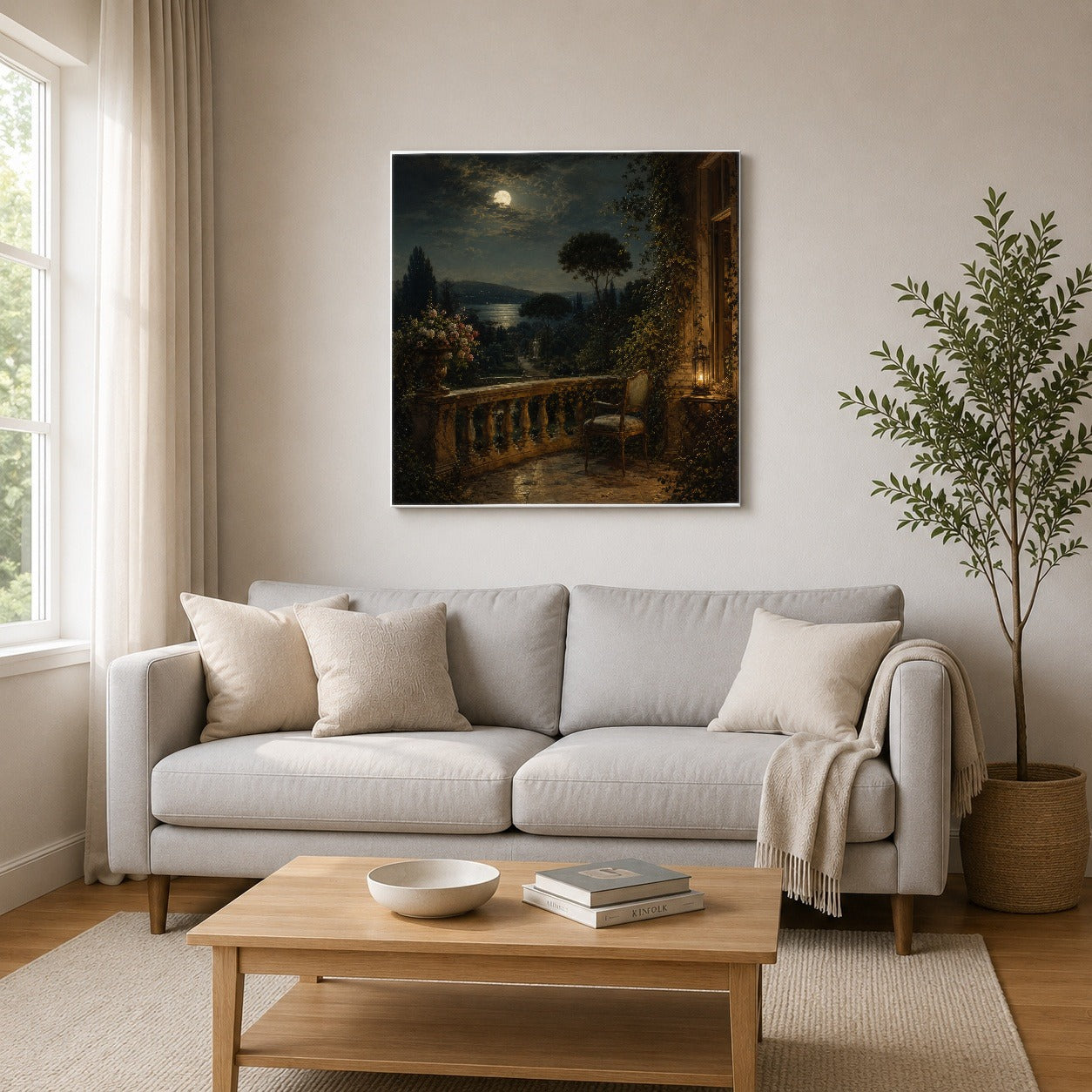 #pl[17x17 Inch|Multicolor] Moonlit Terrace Square Canvas Wall Art, Romantic Garden Lake View