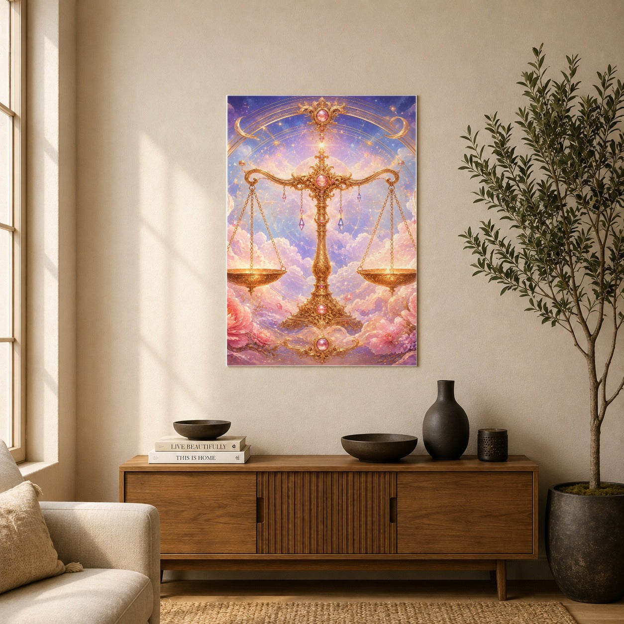 #pl[8x10 Inch|Multicolor] Libra Zodiac Poster, Celestial Floral Balance Scales Wall Art Print