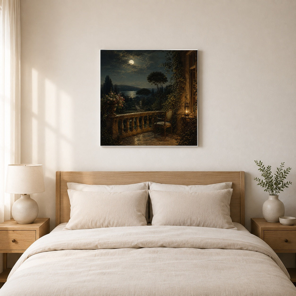 #pl[17x17 Inch|Multicolor] Moonlit Terrace Square Canvas Wall Art, Romantic Garden Lake View