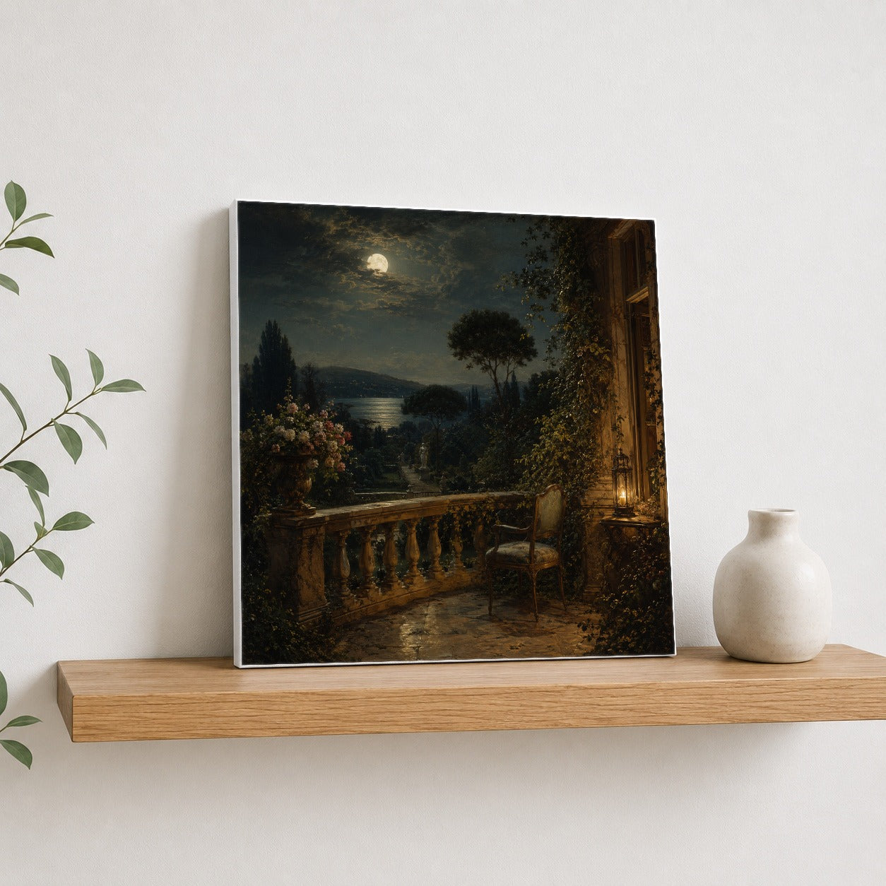 #pl[17x17 Inch|Multicolor] Moonlit Terrace Square Canvas Wall Art, Romantic Garden Lake View