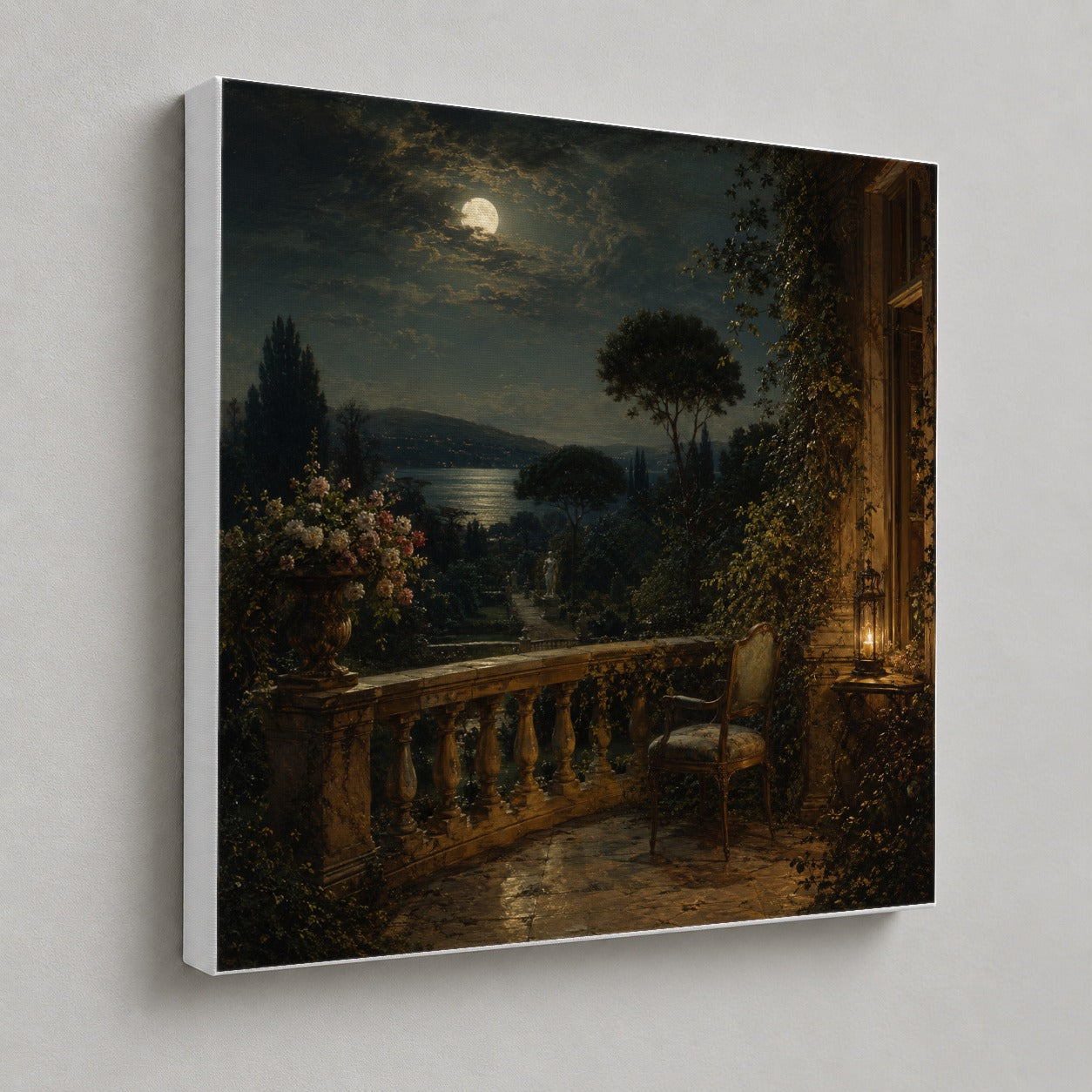 #pl[17x17 Inch|Multicolor] Moonlit Terrace Square Canvas Wall Art, Romantic Garden Lake View