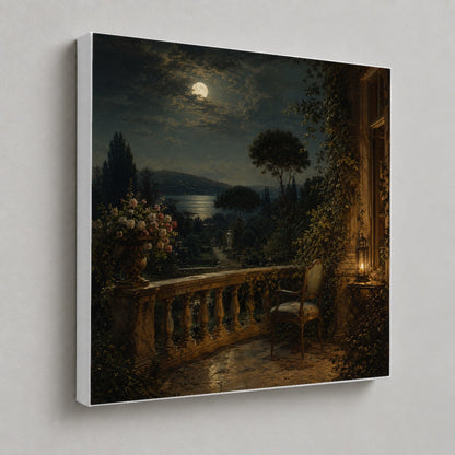 #pl[17x17 Inch|Multicolor] Moonlit Terrace Square Canvas Wall Art, Romantic Garden Lake View