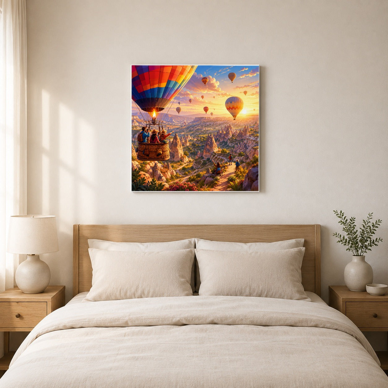 #pl[17x17 Inch|Multicolor] Hot Air Balloon Square Canvas Wall Art, Colorful Canyon Sunrise
