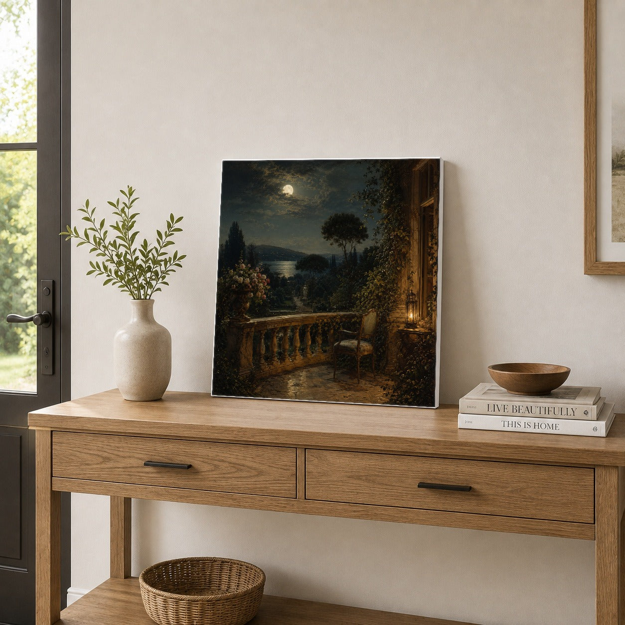 #pl[17x17 Inch|Multicolor] Moonlit Terrace Square Canvas Wall Art, Romantic Garden Lake View