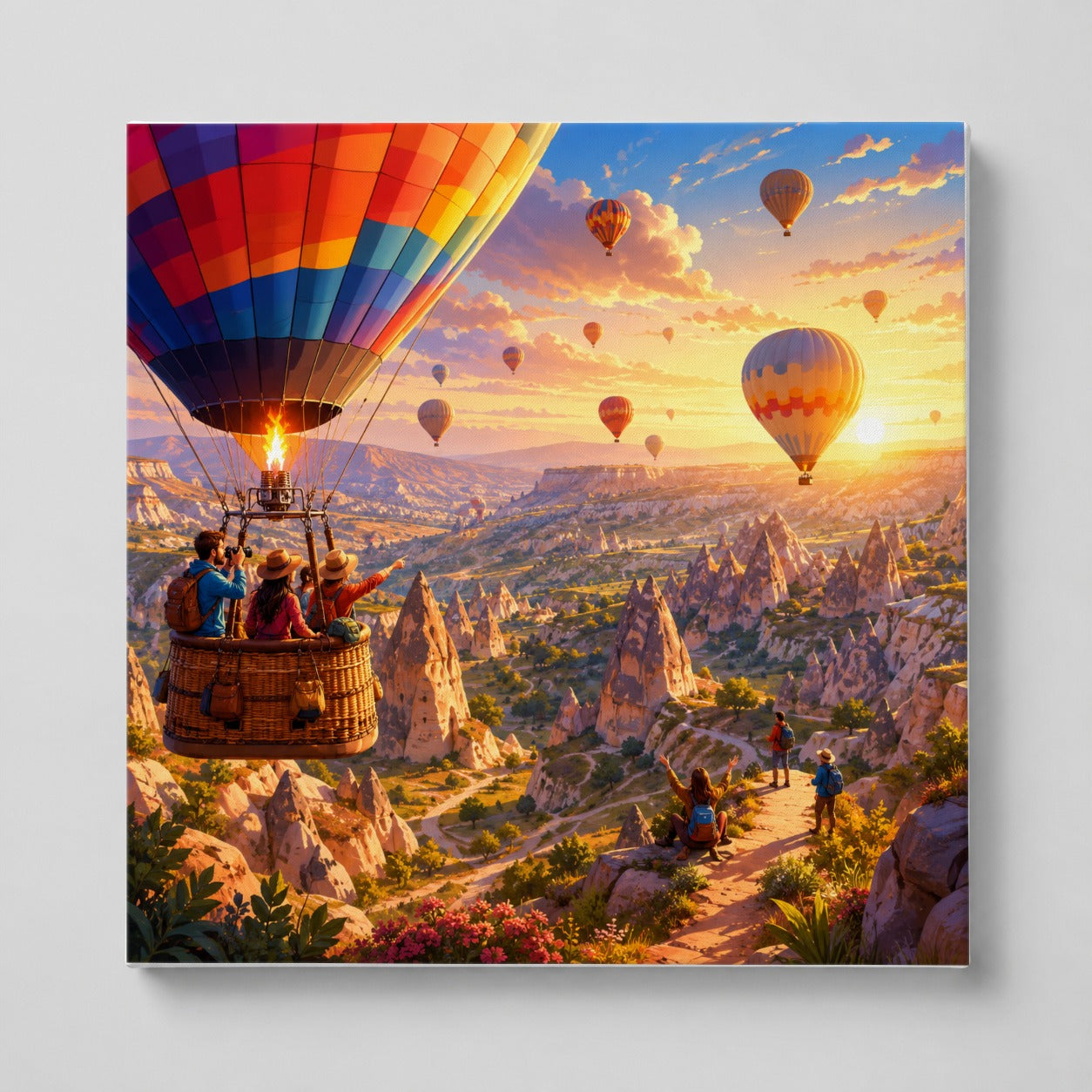 Hot Air Balloon Square Canvas Wall Art, Colorful Canyon Sunrise