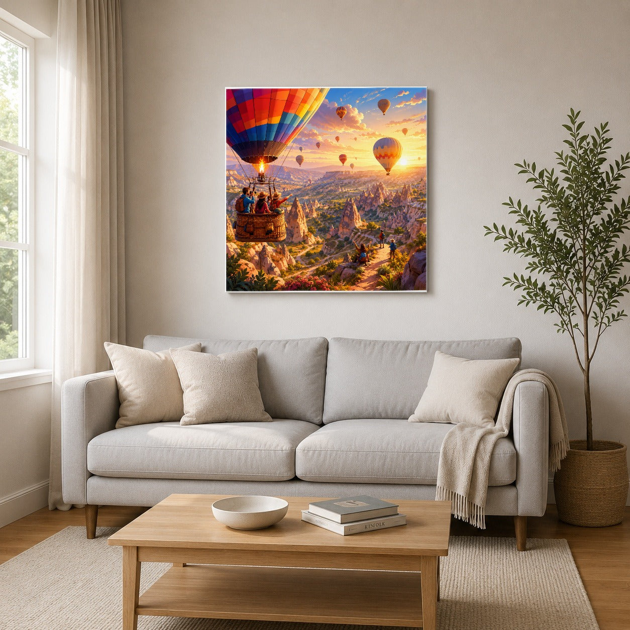 #pl[17x17 Inch|Multicolor] Hot Air Balloon Square Canvas Wall Art, Colorful Canyon Sunrise