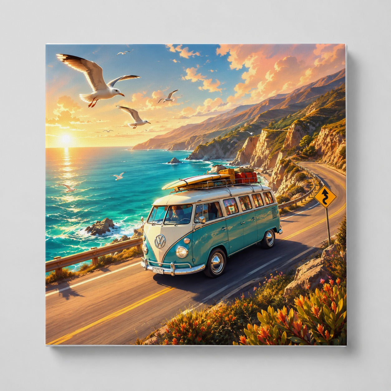Retro Camper Van Square Canvas Wall Art, Coastal Road Adventure