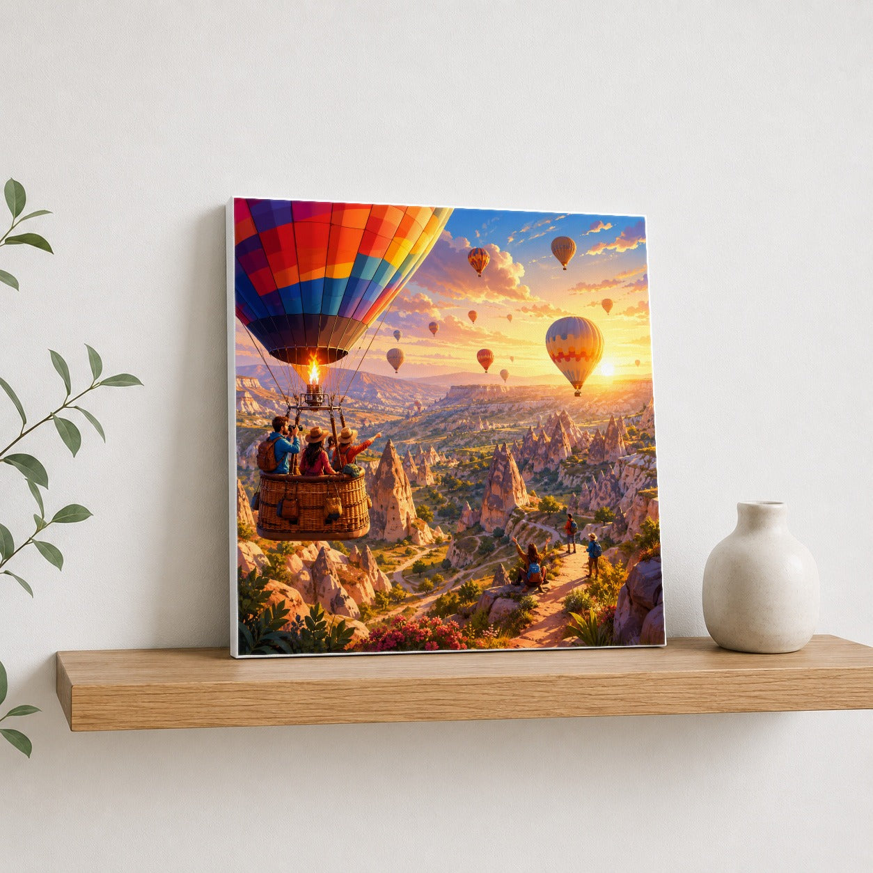 #pl[17x17 Inch|Multicolor] Hot Air Balloon Square Canvas Wall Art, Colorful Canyon Sunrise