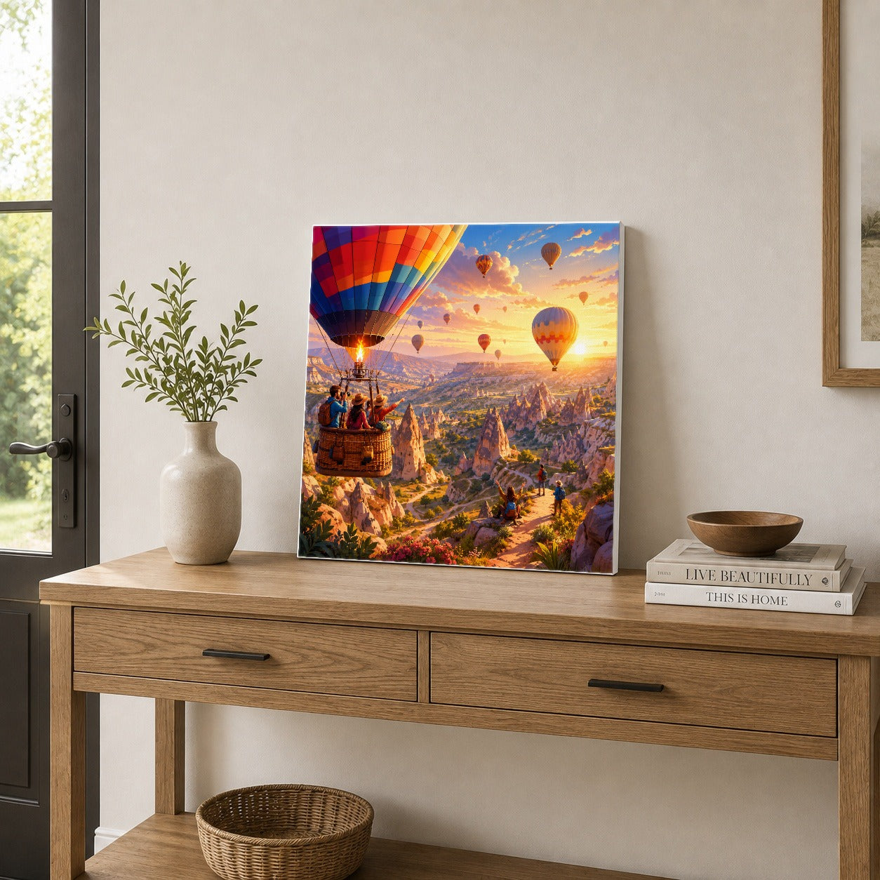#pl[17x17 Inch|Multicolor] Hot Air Balloon Square Canvas Wall Art, Colorful Canyon Sunrise