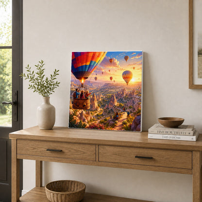 #pl[17x17 Inch|Multicolor] Hot Air Balloon Square Canvas Wall Art, Colorful Canyon Sunrise