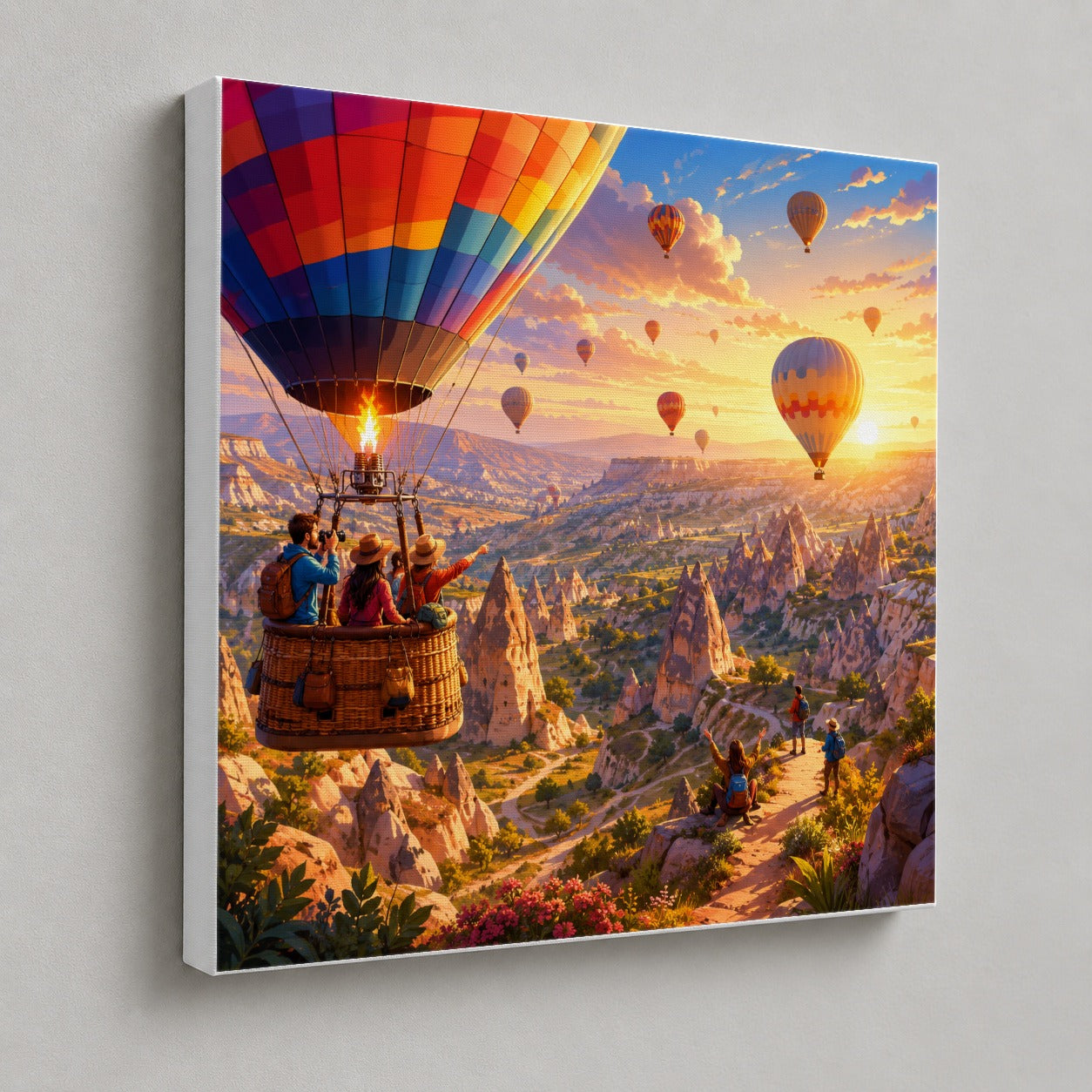 #pl[17x17 Inch|Multicolor] Hot Air Balloon Square Canvas Wall Art, Colorful Canyon Sunrise
