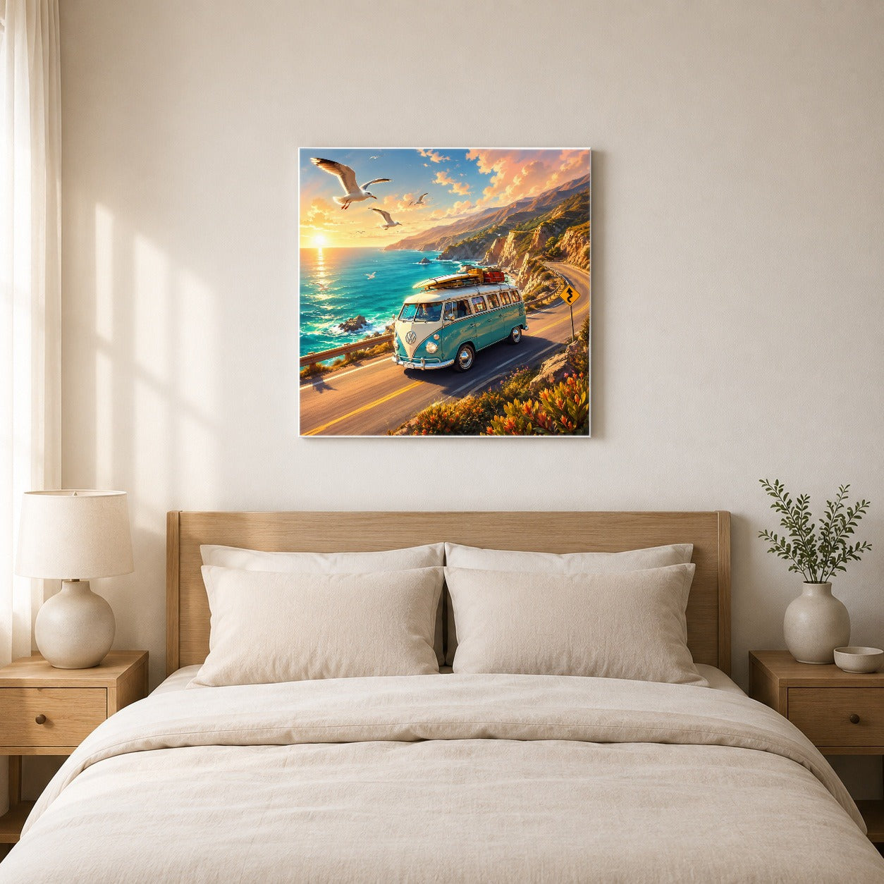 #pl[17x17 Inch|Multicolor] Retro Camper Van Square Canvas Wall Art, Coastal Road Adventure
