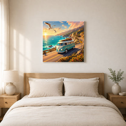 #pl[17x17 Inch|Multicolor] Retro Camper Van Square Canvas Wall Art, Coastal Road Adventure