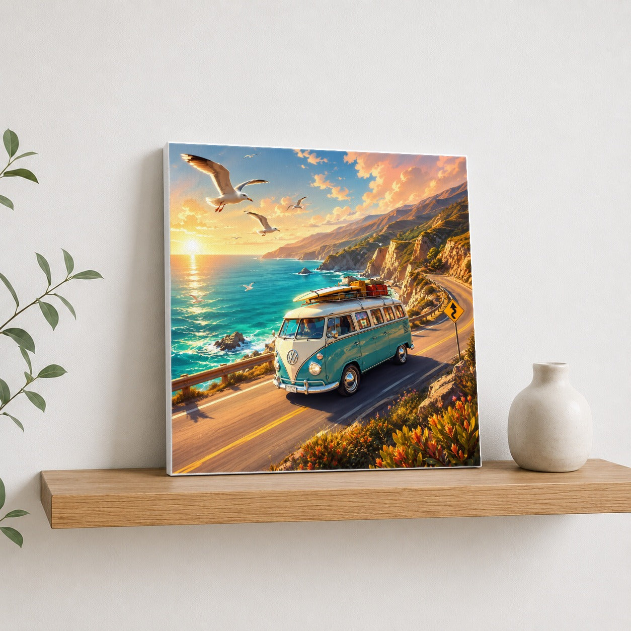 #pl[17x17 Inch|Multicolor] Retro Camper Van Square Canvas Wall Art, Coastal Road Adventure