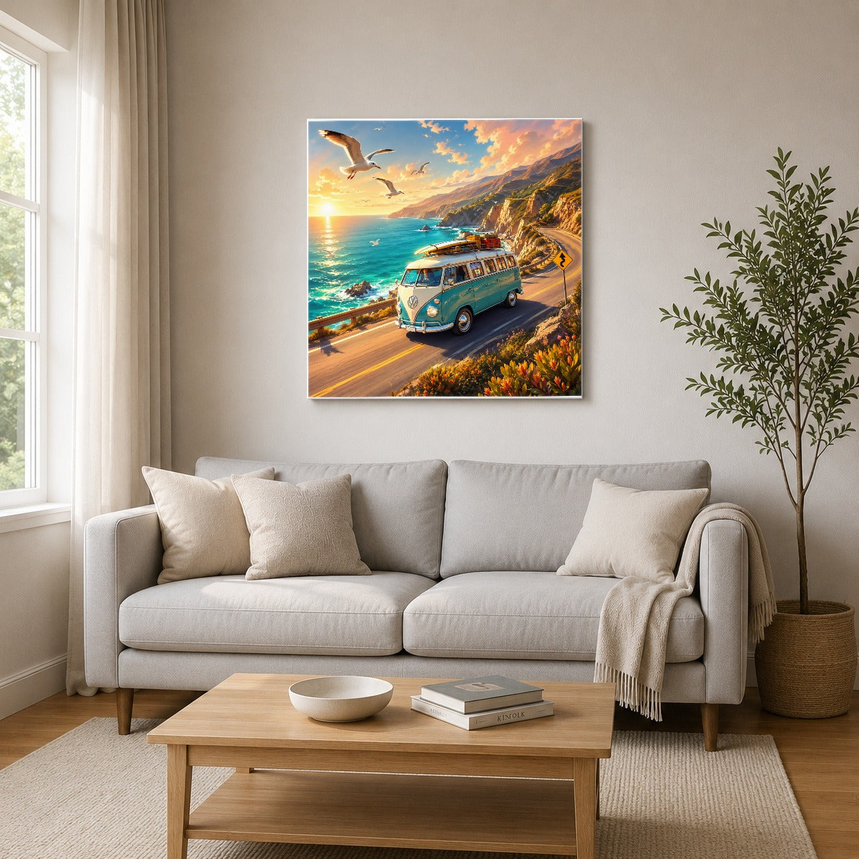 #pl[17x17 Inch|Multicolor] Retro Camper Van Square Canvas Wall Art, Coastal Road Adventure