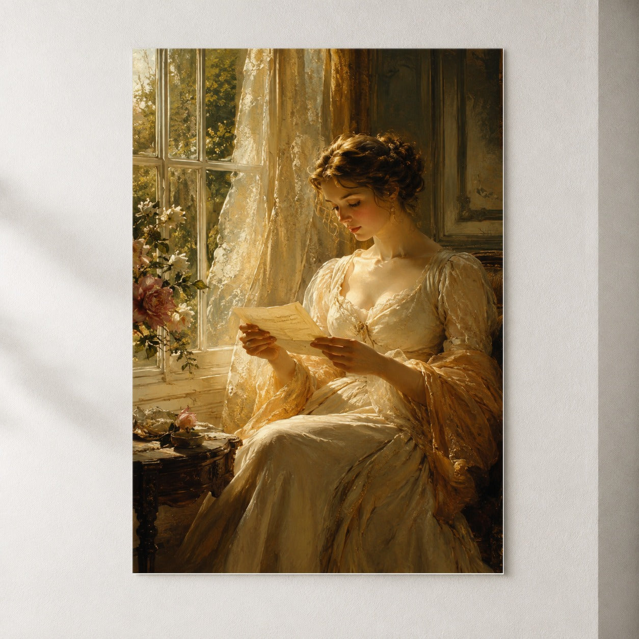 Romantic Reader Poster, Sunlit Vintage Letter Scene Wall Art Print