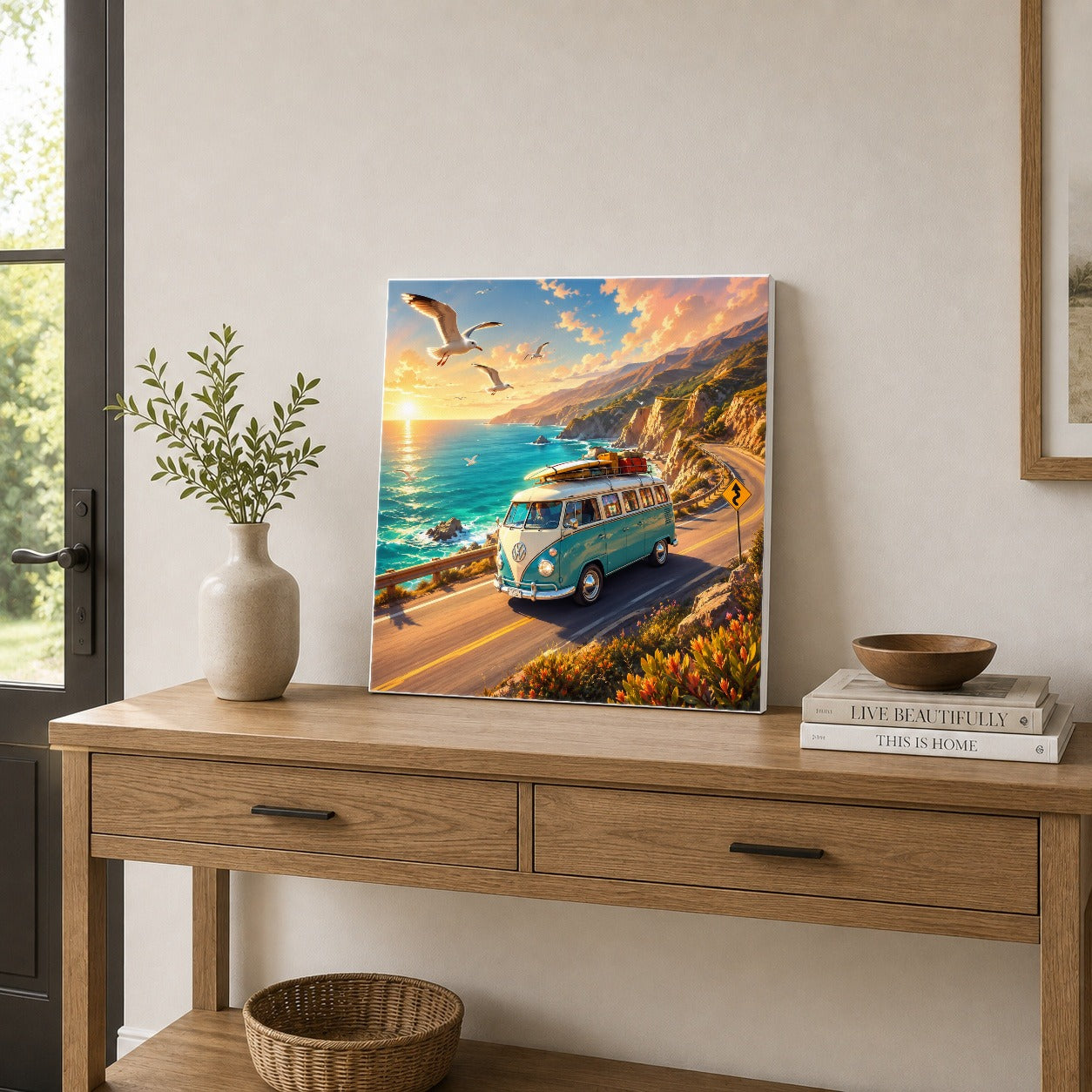 #pl[17x17 Inch|Multicolor] Retro Camper Van Square Canvas Wall Art, Coastal Road Adventure