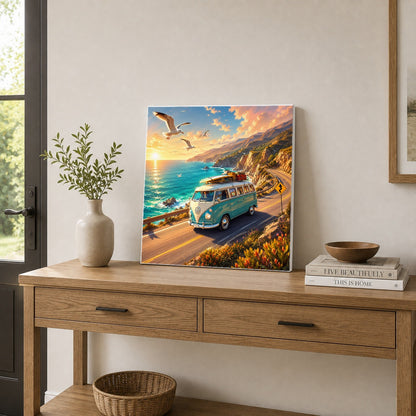 #pl[17x17 Inch|Multicolor] Retro Camper Van Square Canvas Wall Art, Coastal Road Adventure