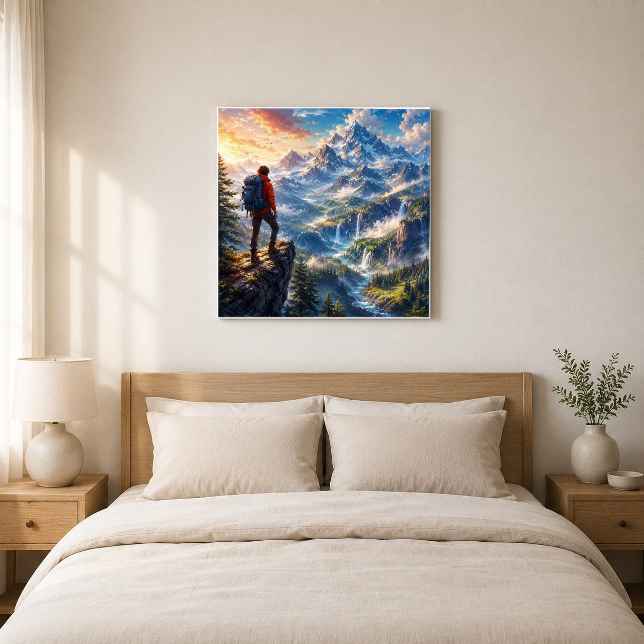 #pl[17x17 Inch|Multicolor] Mountain Hiker Square Canvas Wall Art, Alpine Peaks and Waterfalls