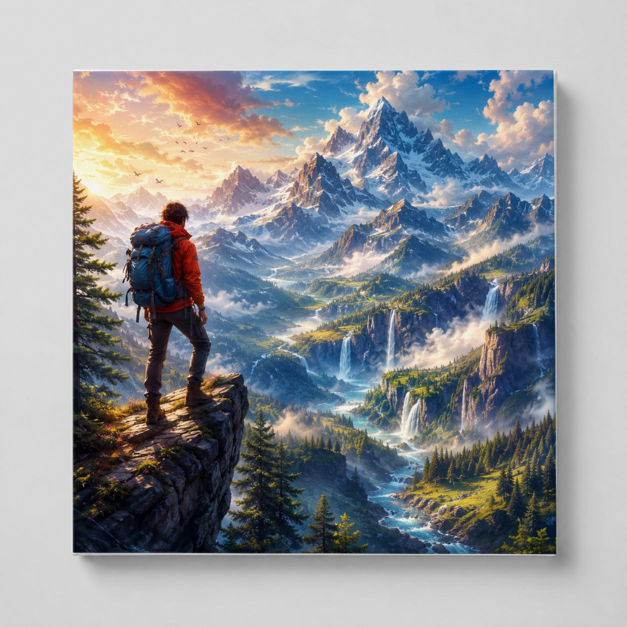 Mountain Hiker Square Canvas Wall Art, Alpine Peaks and Waterfalls