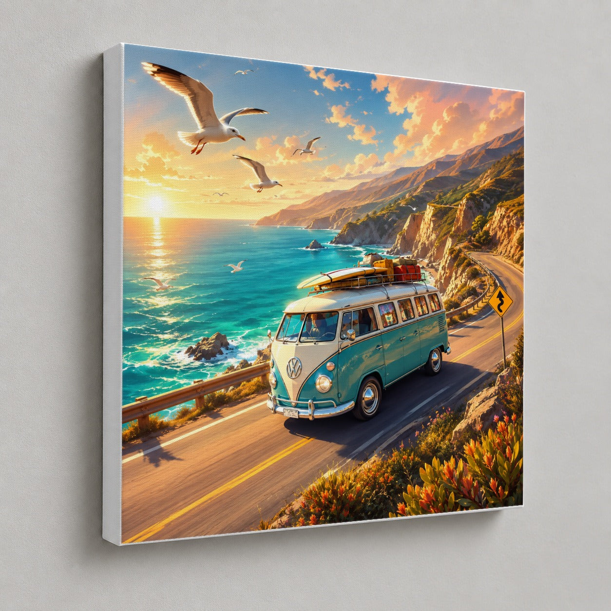 #pl[17x17 Inch|Multicolor] Retro Camper Van Square Canvas Wall Art, Coastal Road Adventure