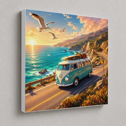 #pl[17x17 Inch|Multicolor] Retro Camper Van Square Canvas Wall Art, Coastal Road Adventure