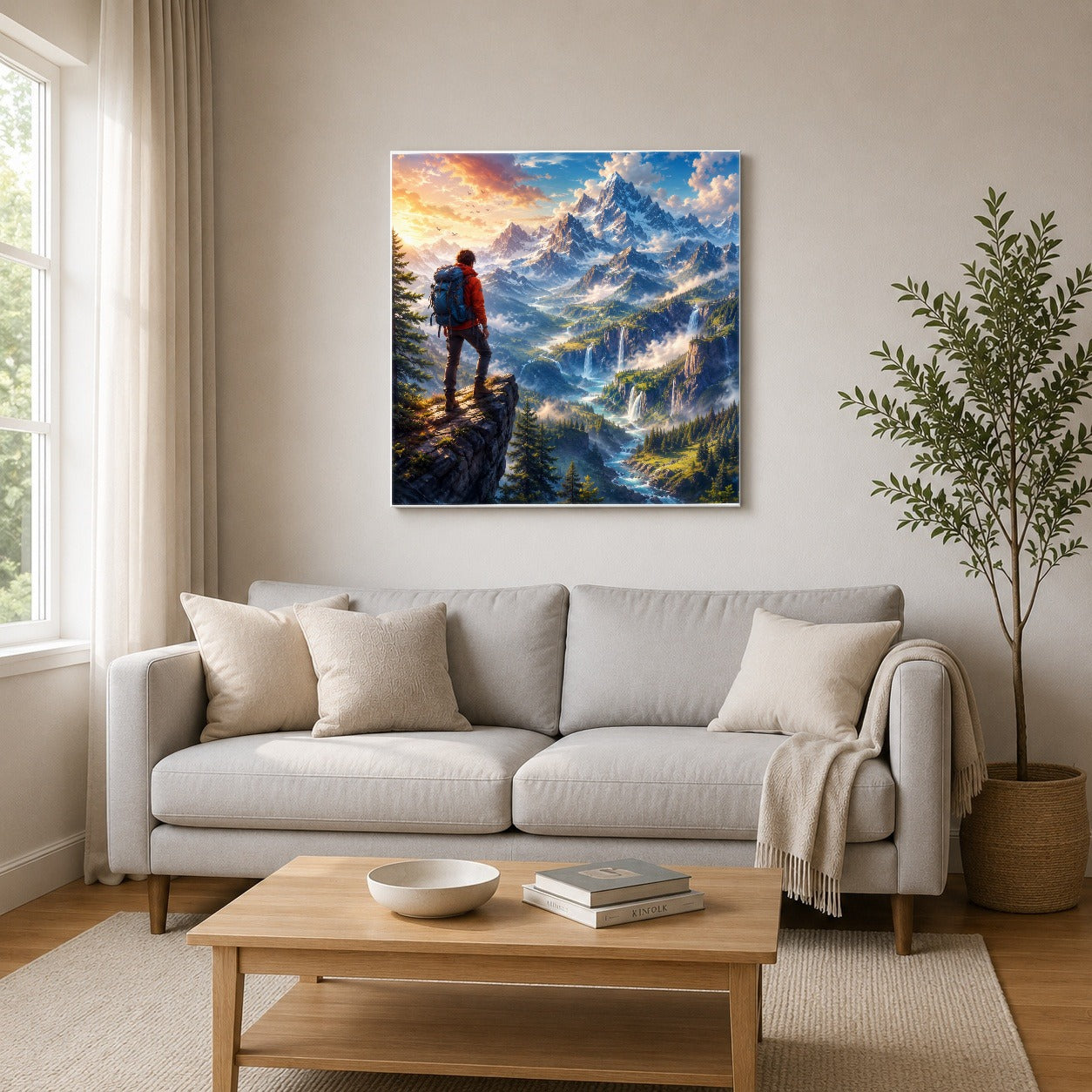 #pl[17x17 Inch|Multicolor] Mountain Hiker Square Canvas Wall Art, Alpine Peaks and Waterfalls