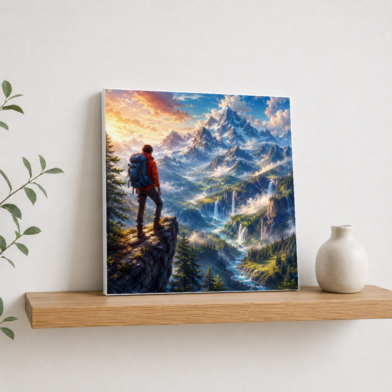 #pl[17x17 Inch|Multicolor] Mountain Hiker Square Canvas Wall Art, Alpine Peaks and Waterfalls