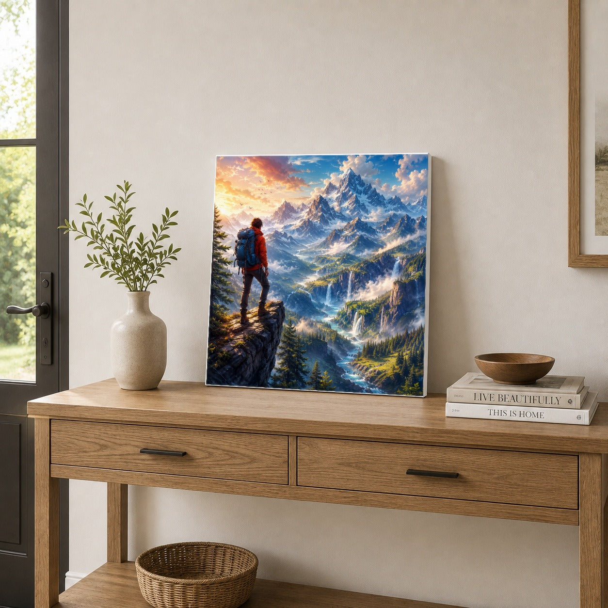 #pl[17x17 Inch|Multicolor] Mountain Hiker Square Canvas Wall Art, Alpine Peaks and Waterfalls
