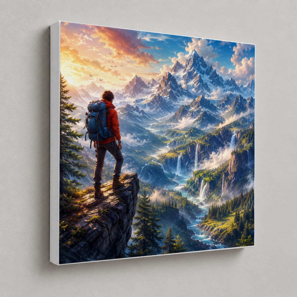 #pl[17x17 Inch|Multicolor] Mountain Hiker Square Canvas Wall Art, Alpine Peaks and Waterfalls
