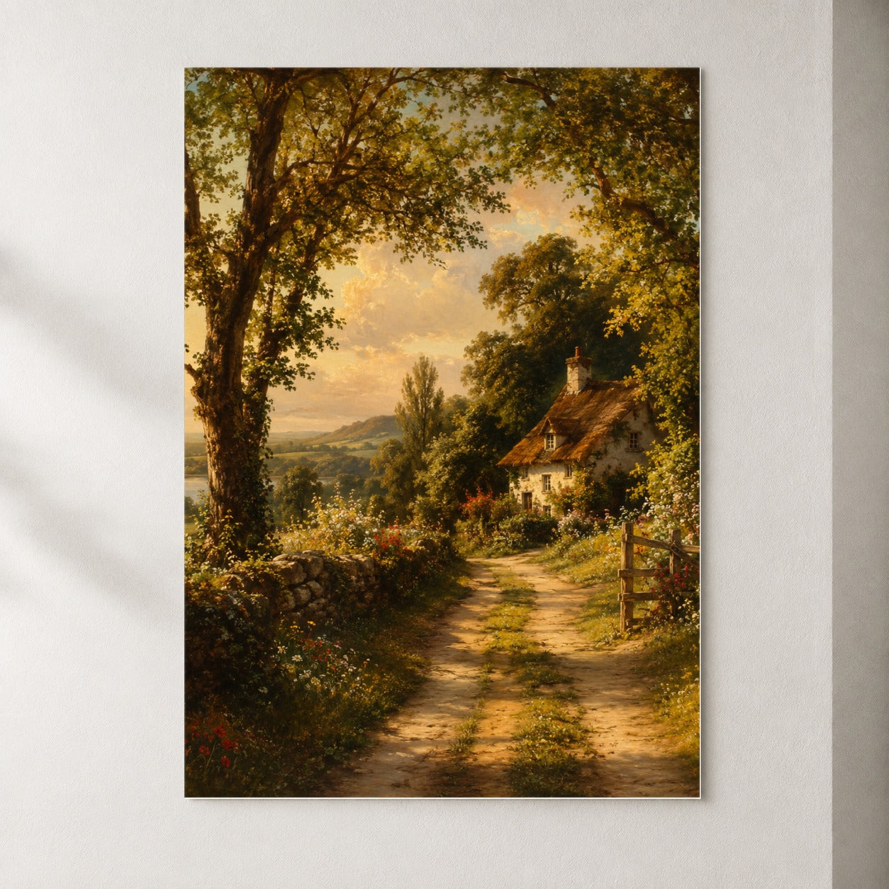 Cottage Countryside Poster, Golden Garden Path Wall Art Print