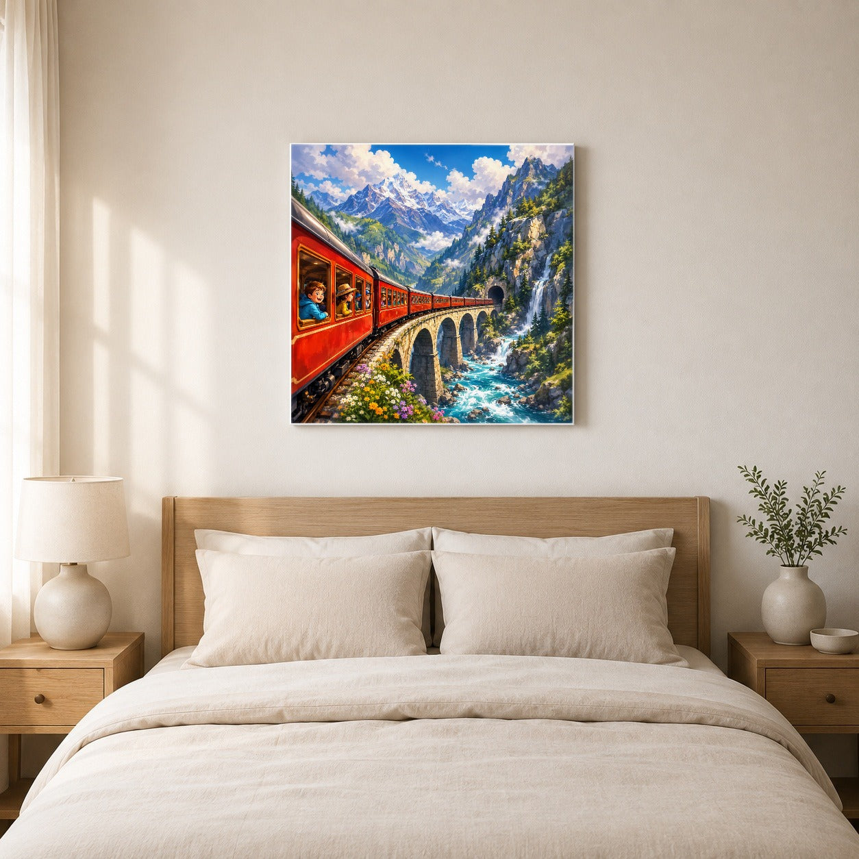 #pl[17x17 Inch|Multicolor] Mountain Train Square Canvas Wall Art, Red Alpine Railway Bridge