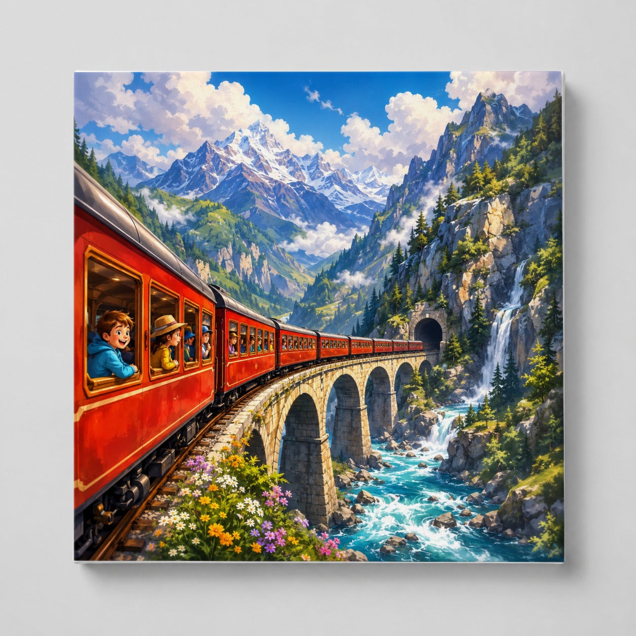 Mountain Train Square Canvas Wall Art, Red Alpine Railway Bridge