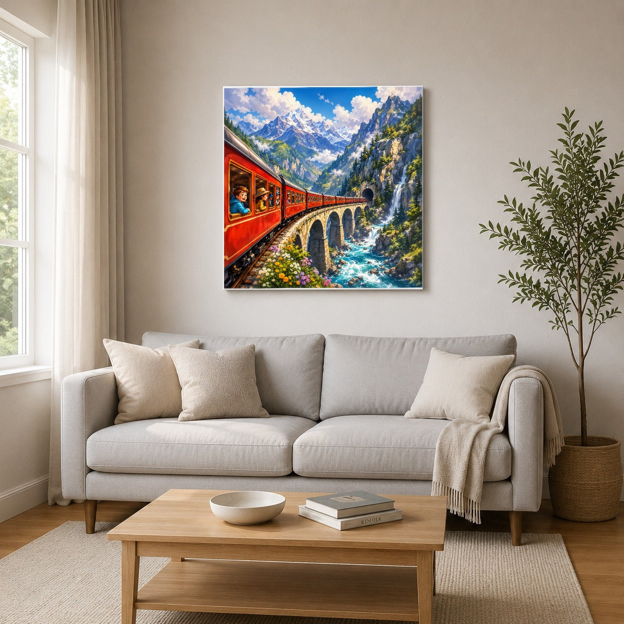 #pl[17x17 Inch|Multicolor] Mountain Train Square Canvas Wall Art, Red Alpine Railway Bridge