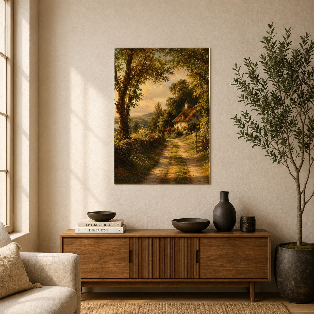 #pl[8x10 Inch|Multicolor] Cottage Countryside Poster, Golden Garden Path Wall Art Print