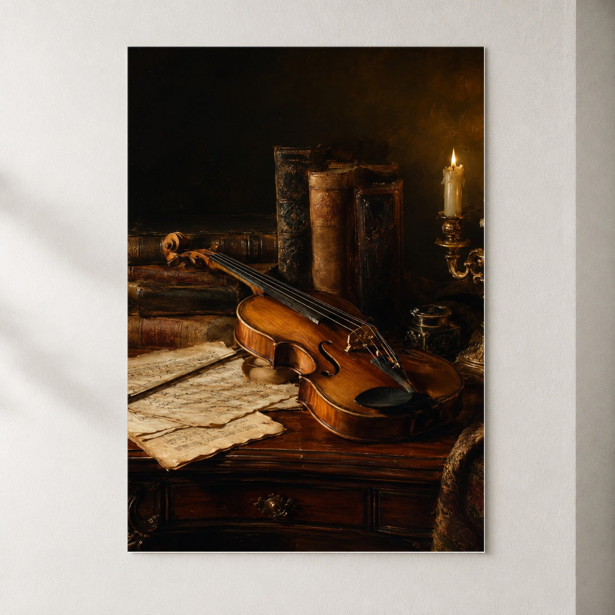 Violin Still Life Poster, Candlelit Books and Music Wall Art Print